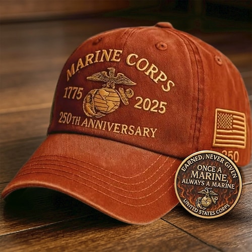 USMC-Gedenkset zum 250-jährigen Jubiläum: Bestickte Veteranenmütze (1775–2025) mit Sammlermünze, militärisches Ehrengeschenk für Marines, Veteranen und Patrioten Image