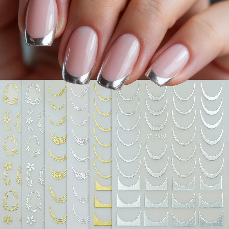 1pc Goldene Silber Französisch Linie Tipps Nagel Sticke Gradienten Streifen Sliders Für Nägel Designs Selbstklebende Nail art abziehbilder Image
