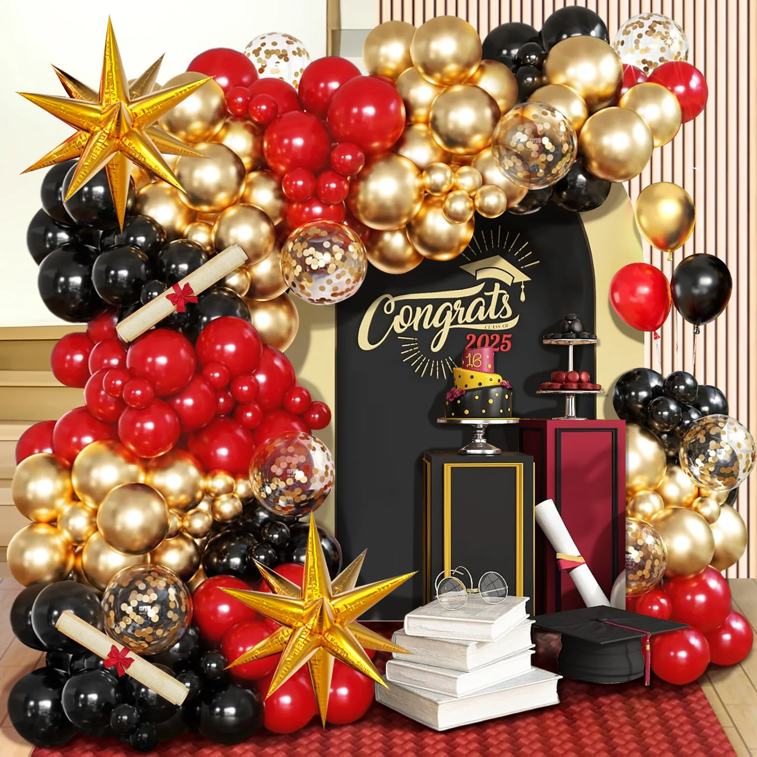 114-teiliges rotes, schwarzes und goldenes Ballon-Girlanden-Set, mit gold explodierten Stern-Aluminiumfolienballons, geeignet für den Abschluss Image
