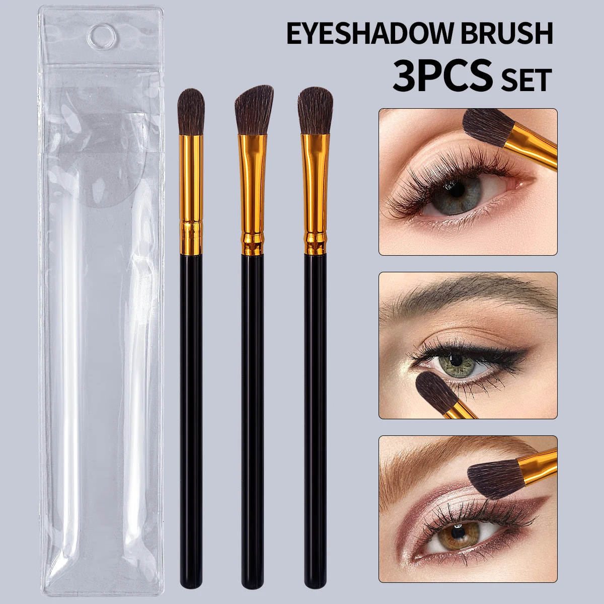 3-teiliges Lidschatten-Make-up-Pinsel-Set, weiches Rosshaar zum Verblenden, Schattieren und Definieren des Augen-Make-ups, schwarzer Holzgriff Image