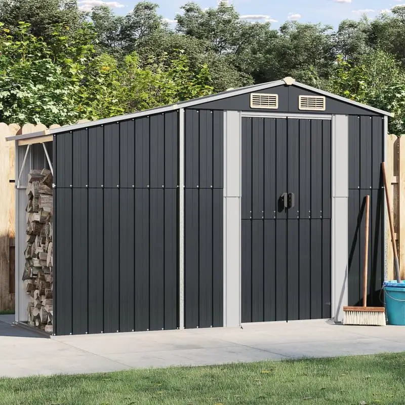 Abri de jardin, anthracite, 277x93x179 cm, en acier galvanisé, anti-rouille, résistant aux intempéries, pour outils de jardin, équipement, engrais, articles divers, organisateur extérieur pour jardin
