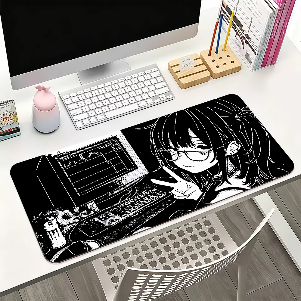 Anime Halftone Monokuro Girl Mauspad, große, rutschfeste, wasserdichte Matte, Tastaturunterlage mit genähtem Rand für Gaming, Alltag, Büro Image