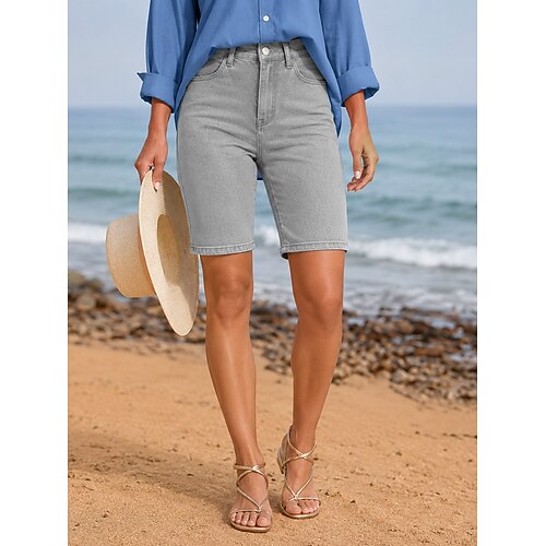 Per donna Jeans Shorts Pantaloncini Burmuda Moda Lunghezza al ginocchio Vita Alta Classico Comodità Vacanza Formale Blu chiaro Grigio Estate Primavera Vestibilità regolare