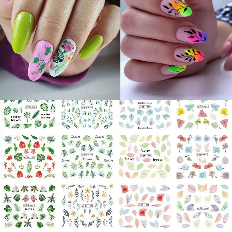 12 Muster Sommer Tropische Pflanzen Nagel Slider Aufkleber Kokospalme Blatt Nägel Wasser Abziehbilder Geometrische Transfer Aufkleber Dekor Image