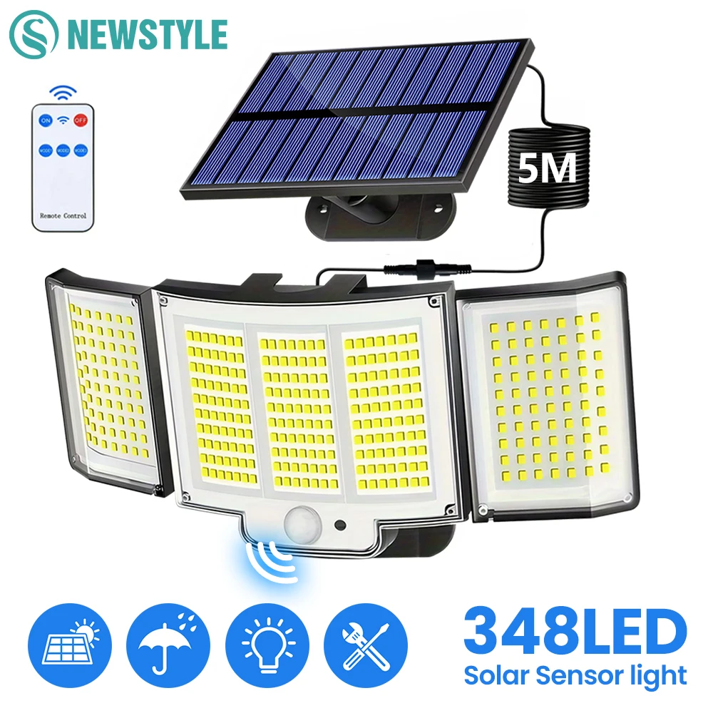 1–2 Stück 348LED-Solarleuchten mit Fernbedienung, IP65, wasserdicht, 3-Kopf-LED-Solar-Wandleuchten mit Bewegungssensor, 3 Beleuchtungsmodi, Solar-Flutlicht, Sicherheitsleuchte für Veranda, Garage, Gartenbeleuchtung