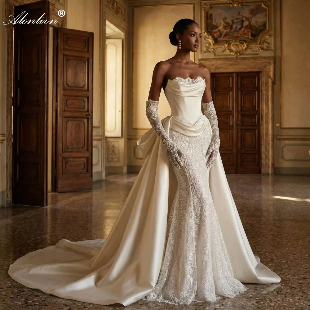 Alonlivn Custom Made Mermaid Satin Corset Bodice Wedding Gown with Removable Lace Sleeves Bride Dress