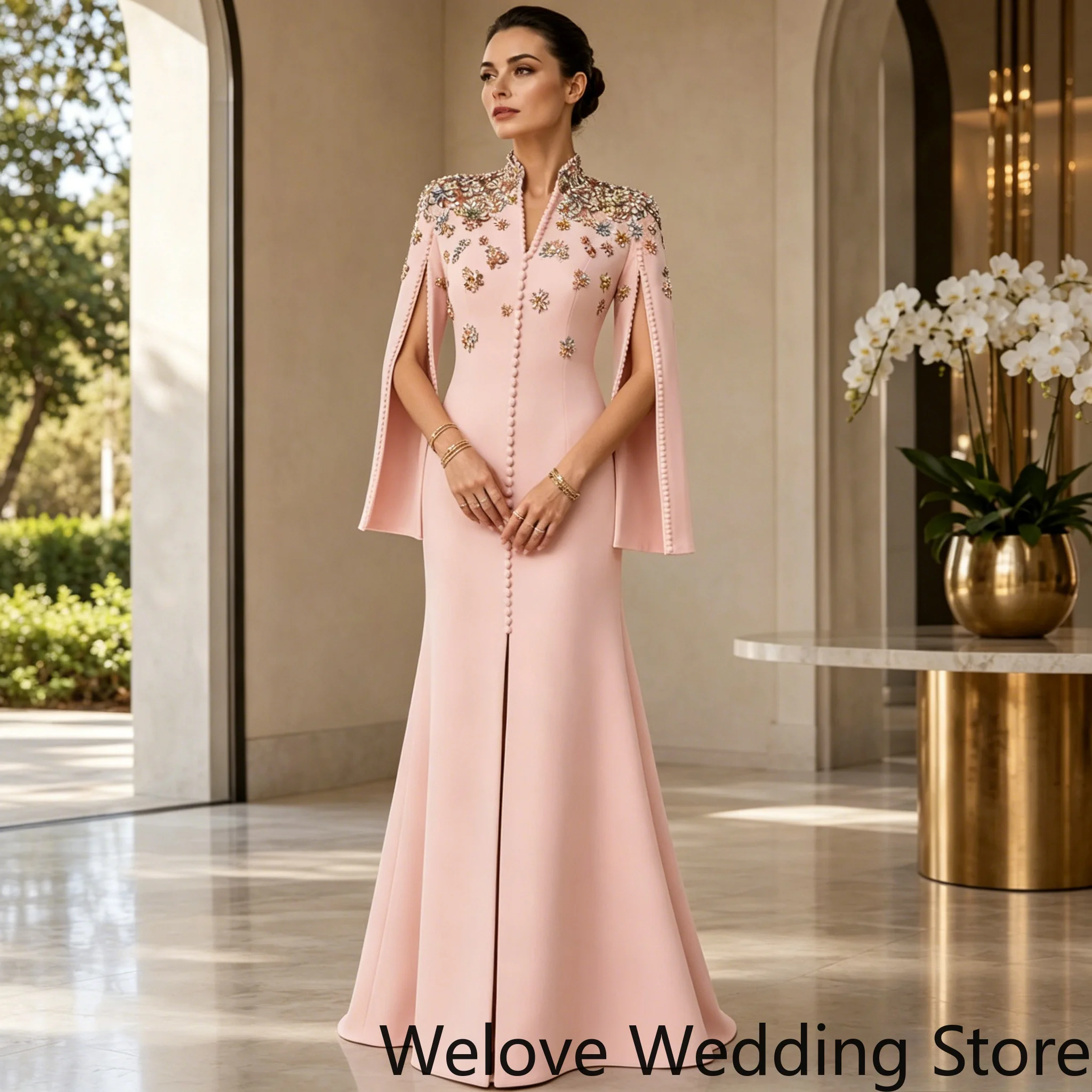 Blush Pink Formal Evening Dress with Mandarin High Neck, Attached Cape Sleeves, Multicolor Floral Crystal Beading Front Slit