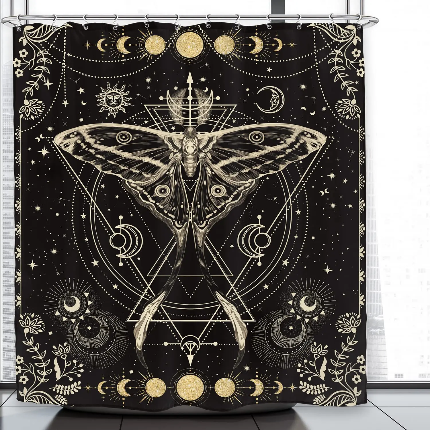 Rideau de douche en forme de papillon doré, rideaux de Phase de lune pour salle de bain, gothique, papillon noir, rideau de bain éclairé de lune, décor de salle de bain psychédélique