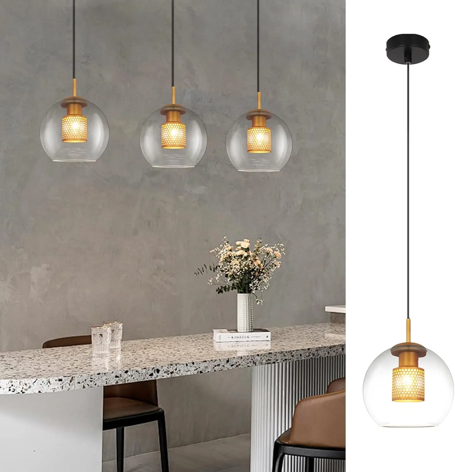 Pendelleuchte Esstisch Hängelampe Glas - 1 Flammig Vintage E27 Hängeleuchte Schwarz Pendellampe Glaskugel Esszimmerlampe für Wohnzimmer Küche Schlafzimmer Esszimmer ohne Leuchtmittel