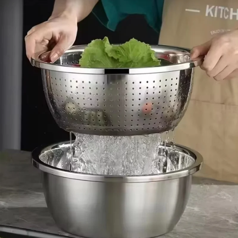Stainless Steel Salad Bowl with Graduated Lines, High Aesthetic Value, Household Fruit Salad Bowl, Korean Style Rice Bowl