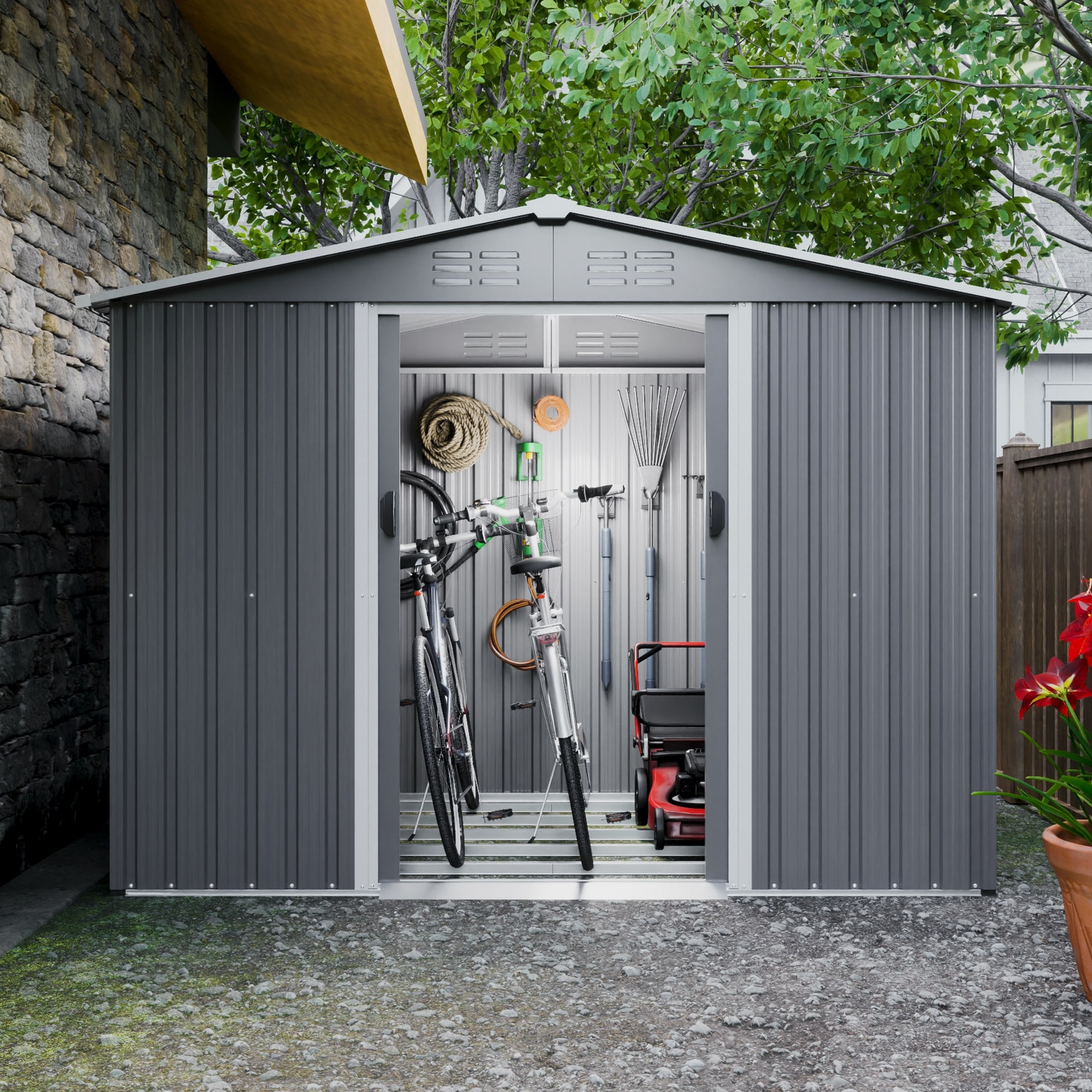 Roomfitters 8x6 FT Outdoor Tool Storage Shed, All Weather Metal Shed with Foundation and Lockable Doors, Gray