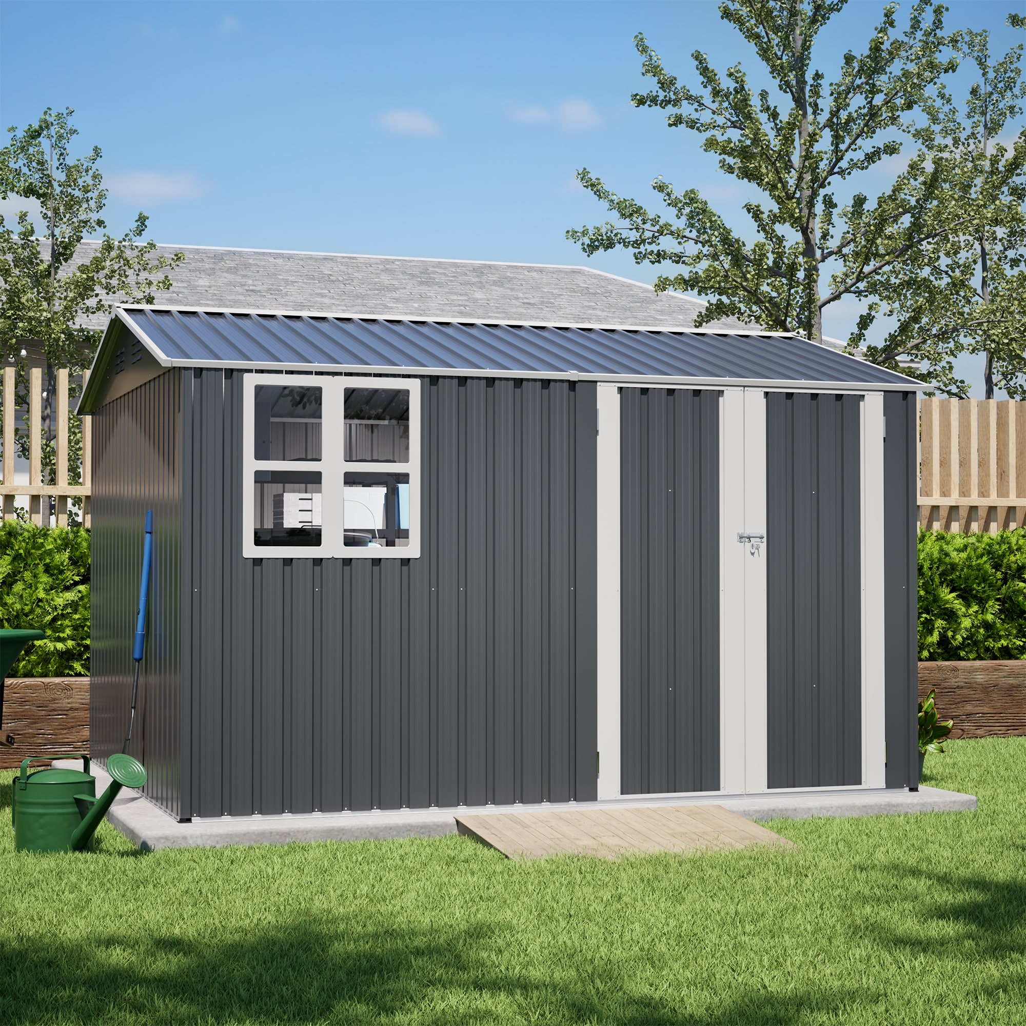 Roomfitters 10X8 FT Outdoor Steel Storage Shed, Weather-Resistant Metal Tool Shed with Clear Window and Lockable Doors, Gray