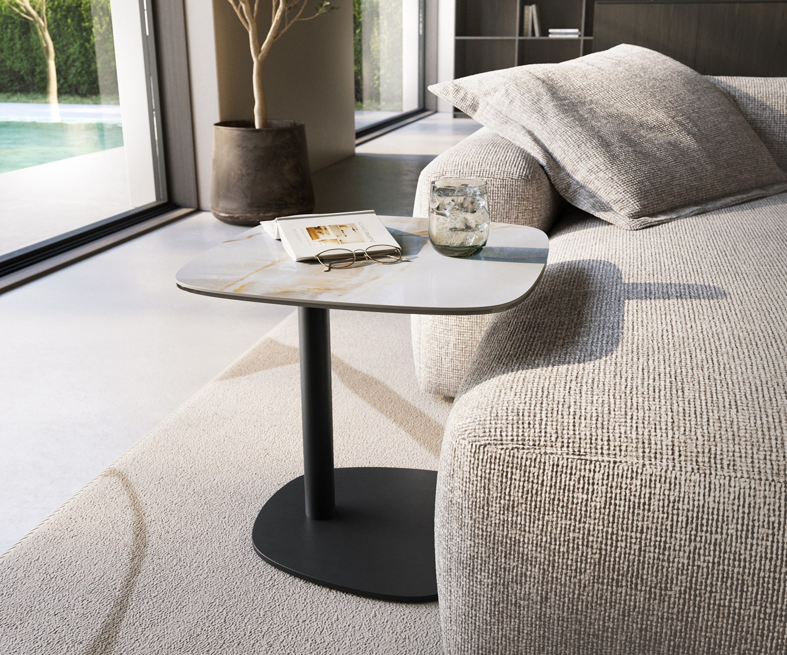 DELIFE Beistelltisch Edge Boot 50x50 cm Keramik Onyx Pearl Eleny Metall Schwarz, Beistelltische