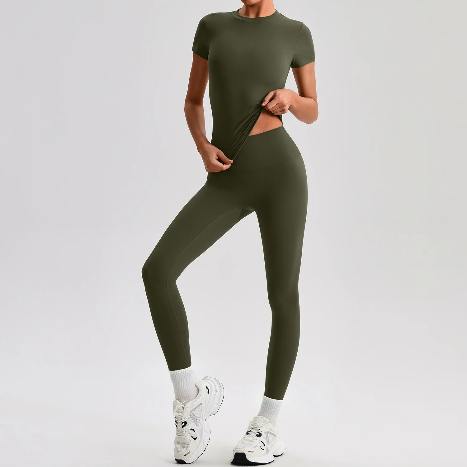 Ensemble de yoga de couleur unie, leggings serrés, t-shirt de sport, fitness, gym, 2 pièces, costume de sport doux, entraînement pour femmes, vêtements de sport