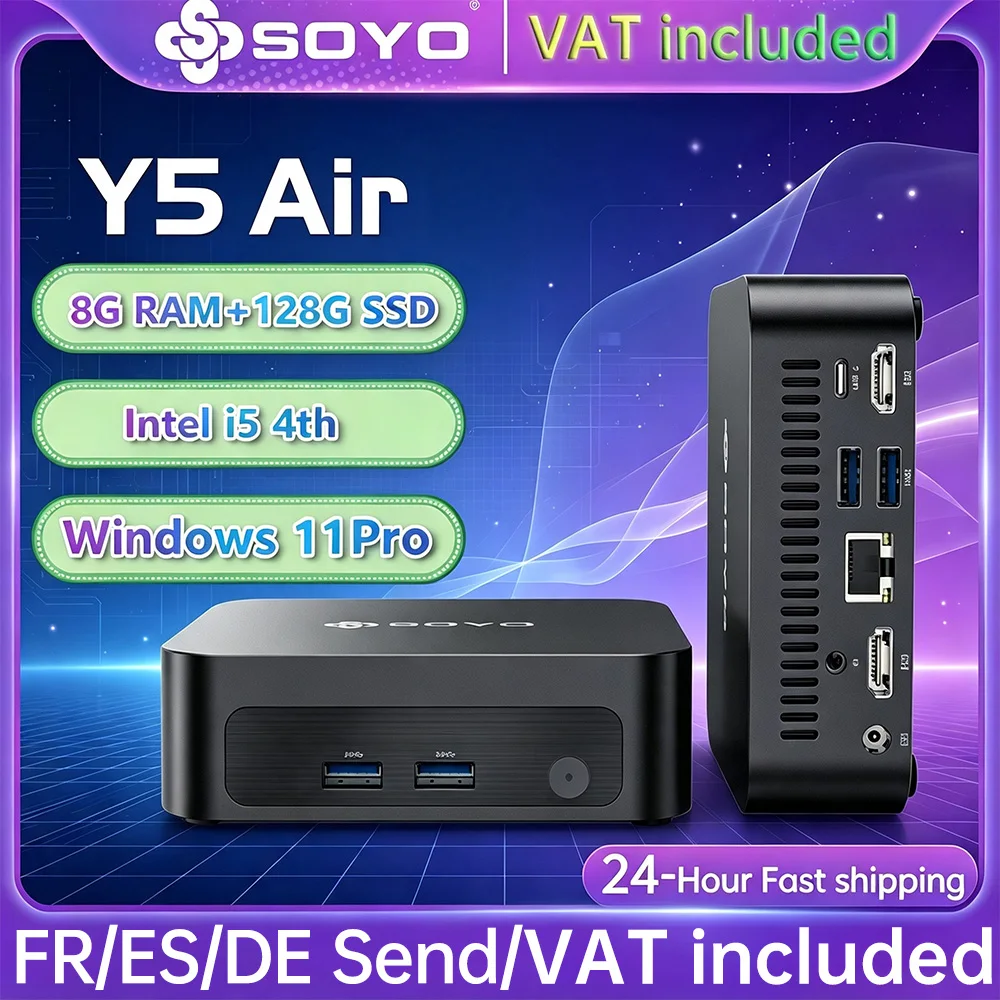 SOYO Mini PC Y5 AIR Intel Core i5 4ème génération, 8 Go de RAM, 128 Go de SSD, Windows 11 Pro, mini ordinateur de bureau, WiFi BT4.2, double affichage HDMI, port USB-C, petit ordinateur pour la maison et le bureau, mini PC professionnel, micro PC...