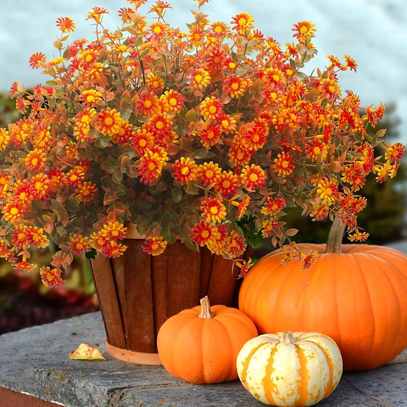 12 Bundles Artificial Fall Mums Flowers for Outdoors Fake Plants - Faux Outside Greenery Boxwood No Fade Plastic Shrubs Decor Farmhouse Home Garden Thanksgiving