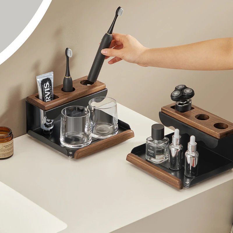 Support de brosse à dents électrique en noyer pour salle de bain, organiseur de tasses à dentifrice et à bain de bouche pour comptoir de salle de bain
