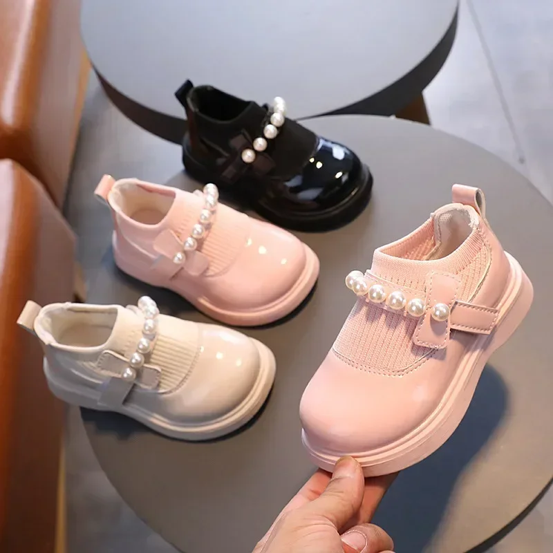 Baby Mädchen Lederschuhe Kinder Turnschuhe Süße Prinzessin Kleinkinder Mädchen Leder Wohnungen Herbst Kinder Schuhe Schwarze Perlen Perlen