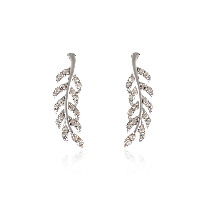 Crystal Feather Leaf Stud Earrings For Women Elegant Gold & Silver Crystal Jewelry silver