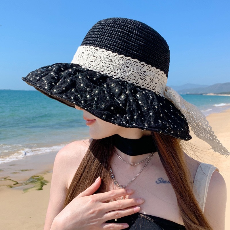 Chic Daisy Wide Brim Straw Hat Foldable Beach Vacation Sun Cap black