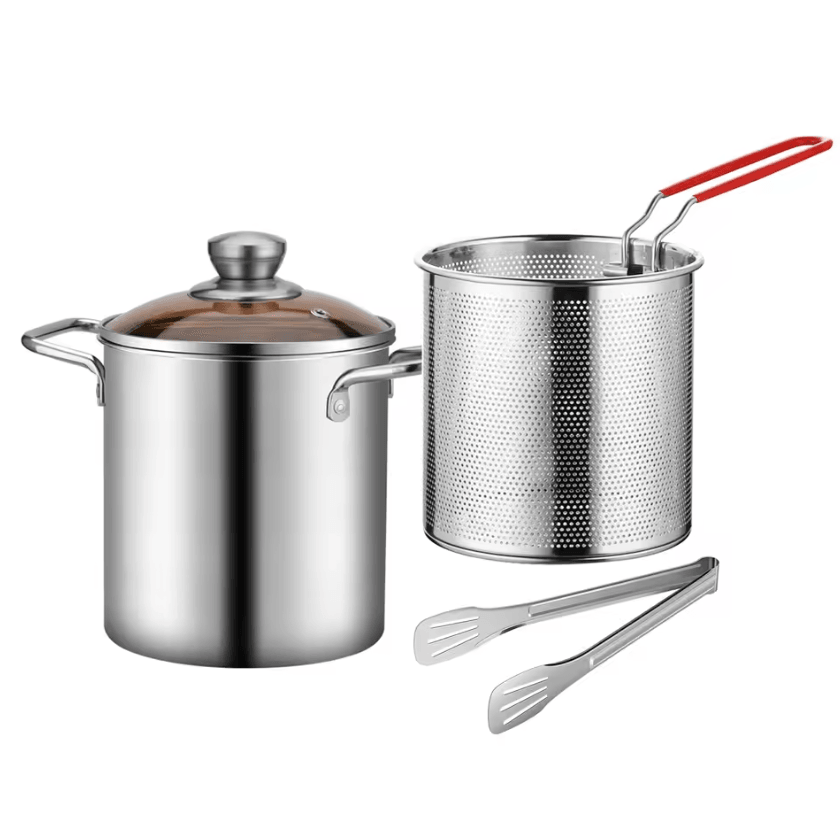304 Stainless Steel Deep Fryer Pot With Basket & Lid For Crispy Homemade Favorites 3pcs Set