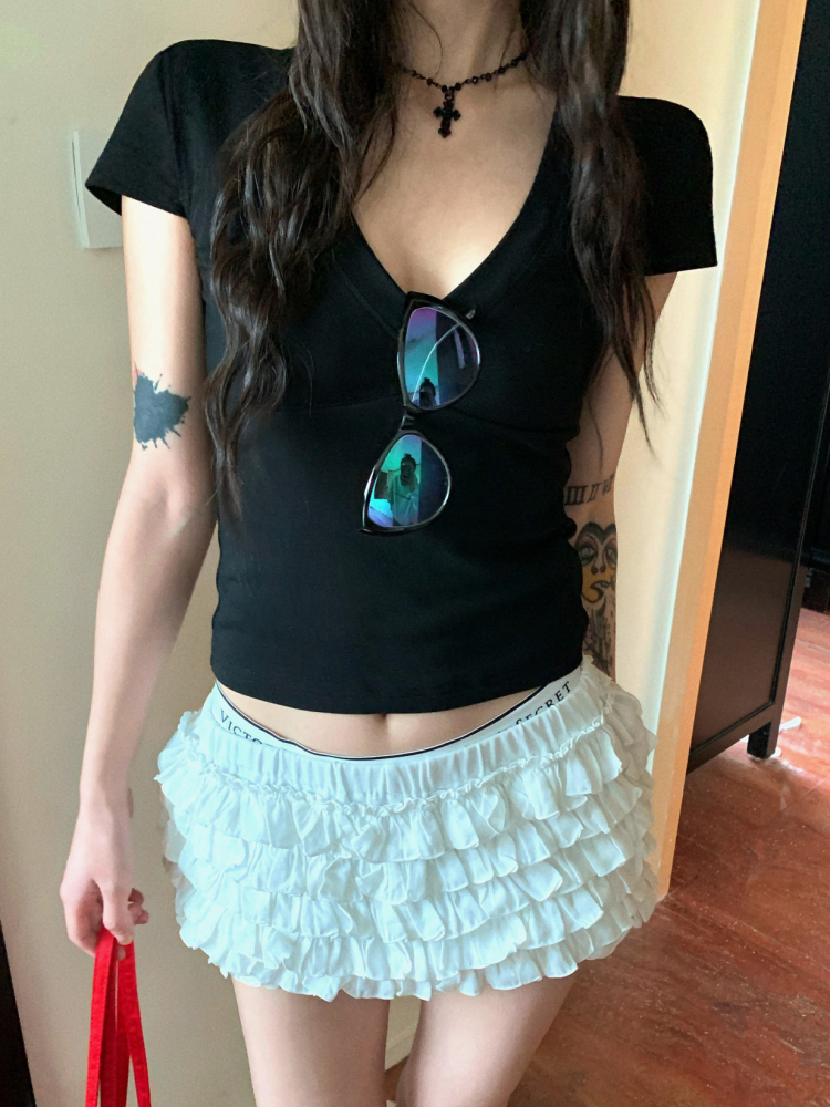 Retro Chic V Neck Women's Crop Top Slim Fit Summer Tee black l