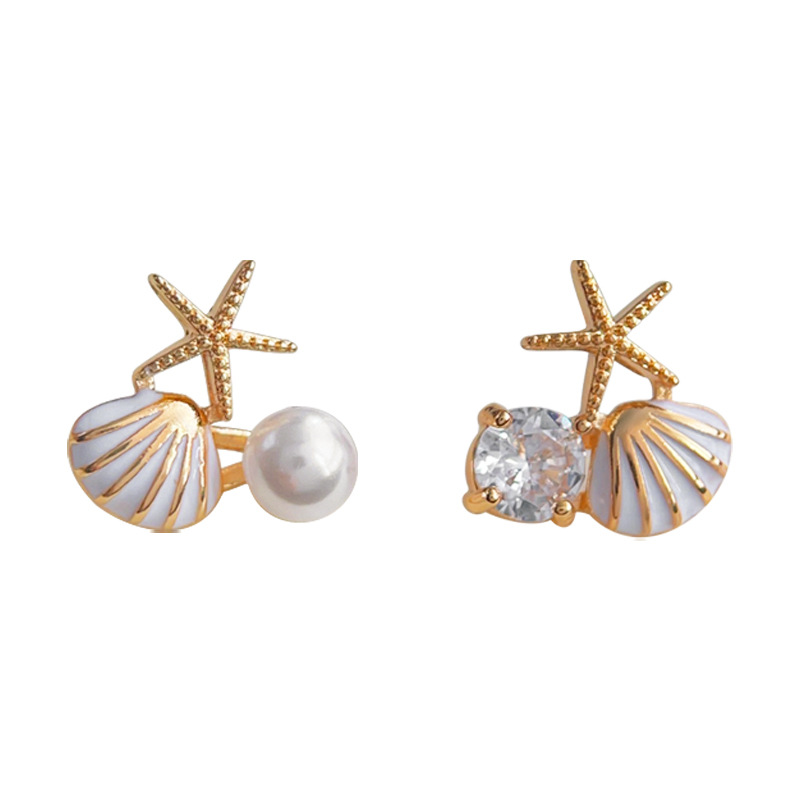 Starfish Stud Earrings With Shell & Pearl Charms Asymmetric Beach Jewelry For Women blue