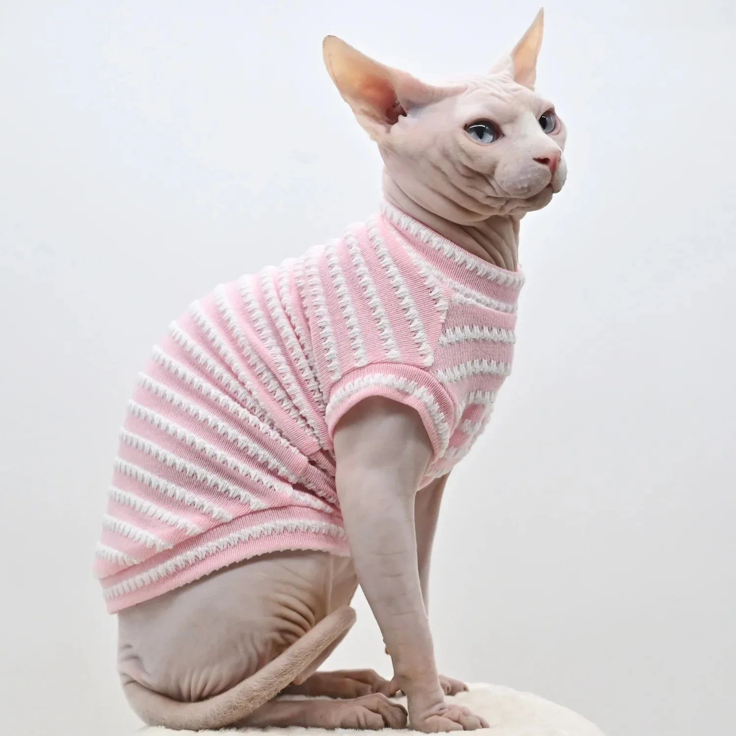 DovenRex Sphynx Cat Summer Shirt Breathable Striped Cat Vest pink s