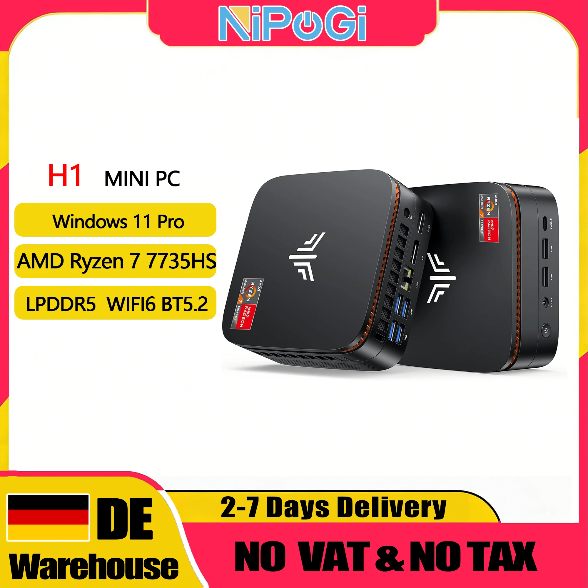 NOPOGI H1 Mini-PC AMD Ryzen 7 7735HS (8C/16T, bis zu 4,7 GHz) Mini-Computer 4K Dreifach-Display Mini-Desktop-Computer BT5.2/WiFi 6