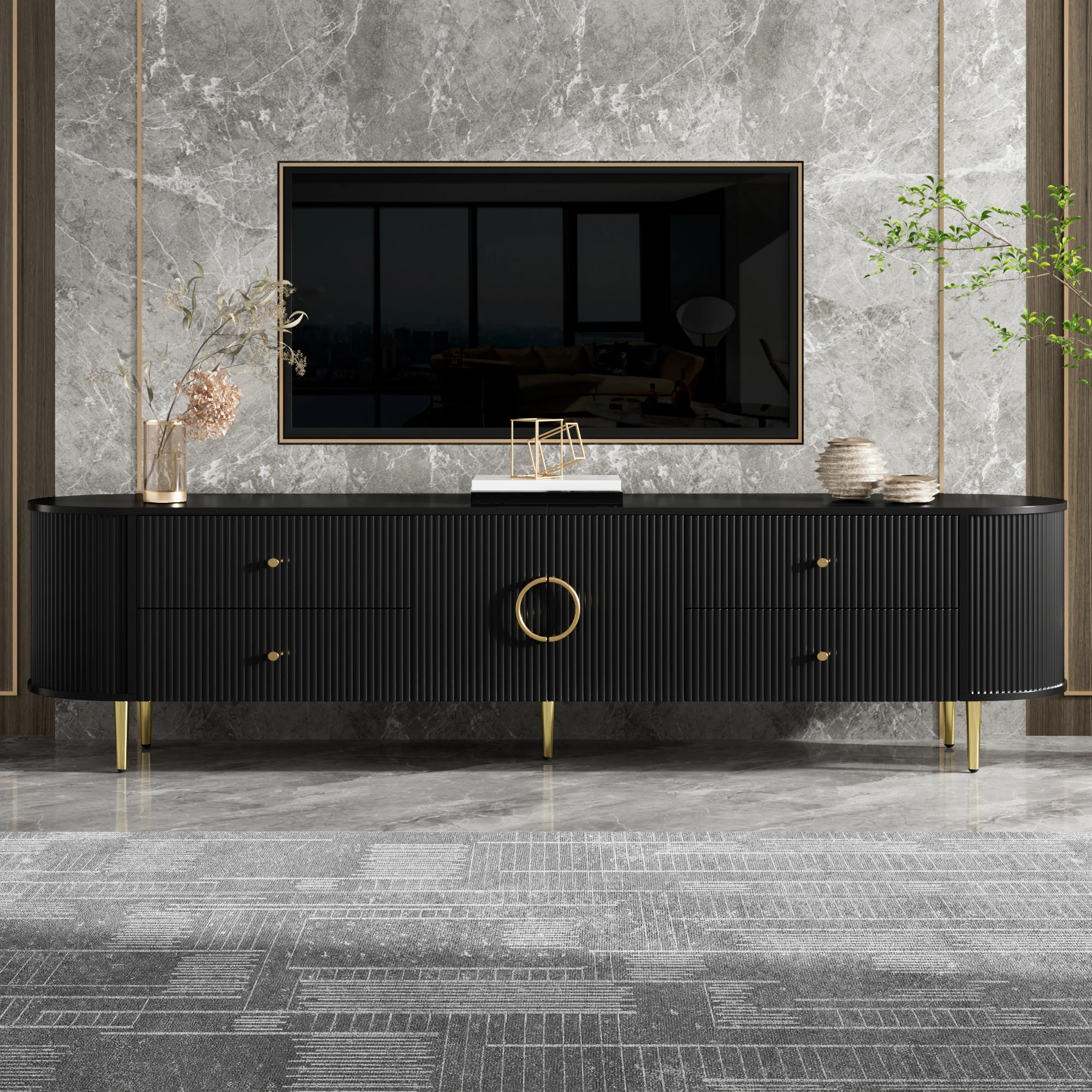 TV-Schrank 180 x 40 x 38 cm Schwarz, modernes Lowboard aus MDF mit Stauraum, Kabeldurchlass, Schubladen und Doppeltür, Fernsehtisch mit 3D-Wellenstruktur und Eisenfüßen für Wohnzimmer