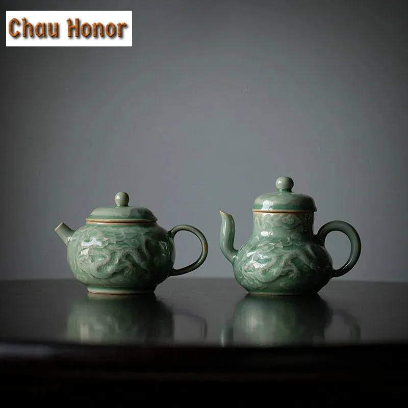 Boutique Yue Kiln Celadon Ceramic Teapot Relief Dragon And Phoenix Art Single Pot With Filter Household Kung Fu Tea Maker Tools