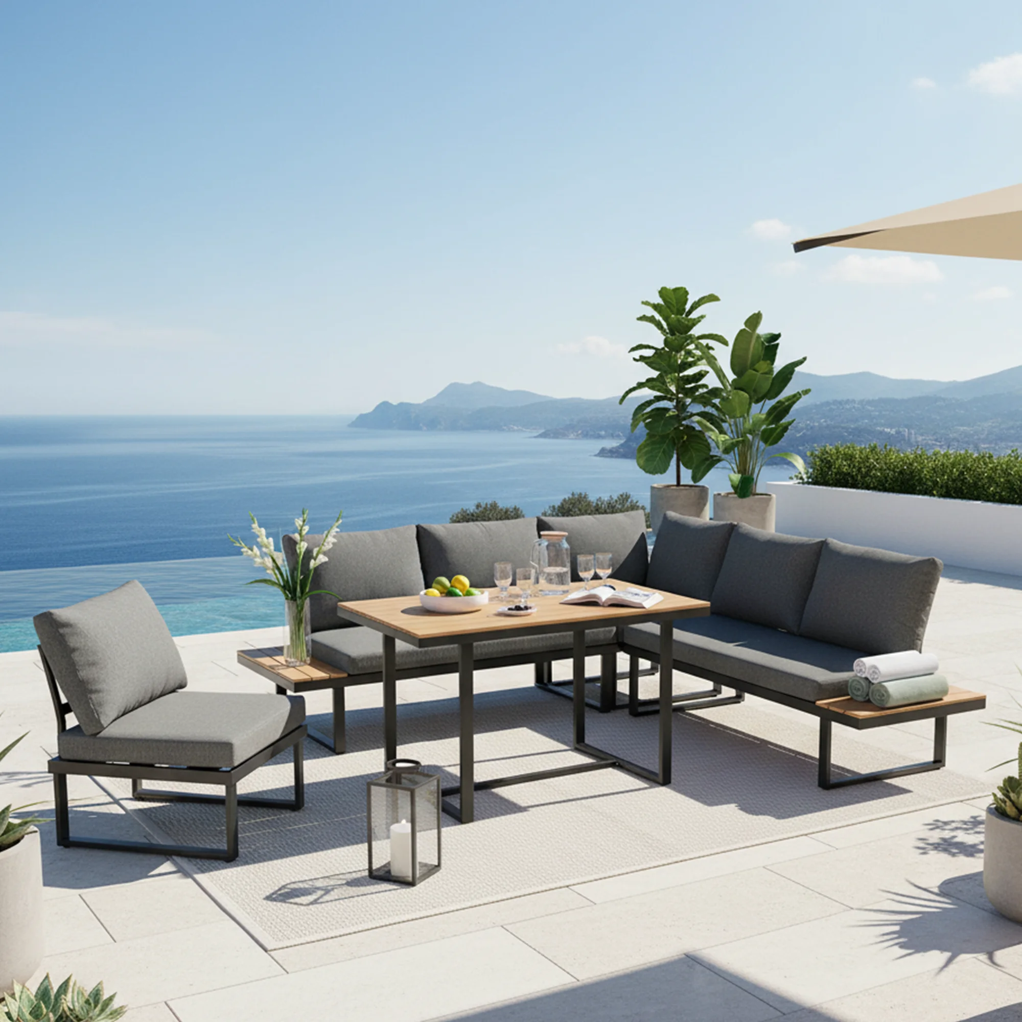 Gartenlounge mit 1 modularem Ecksofa und 1 Esstisch, verzinkter Stahl und Polyester, Schwarz und Grau