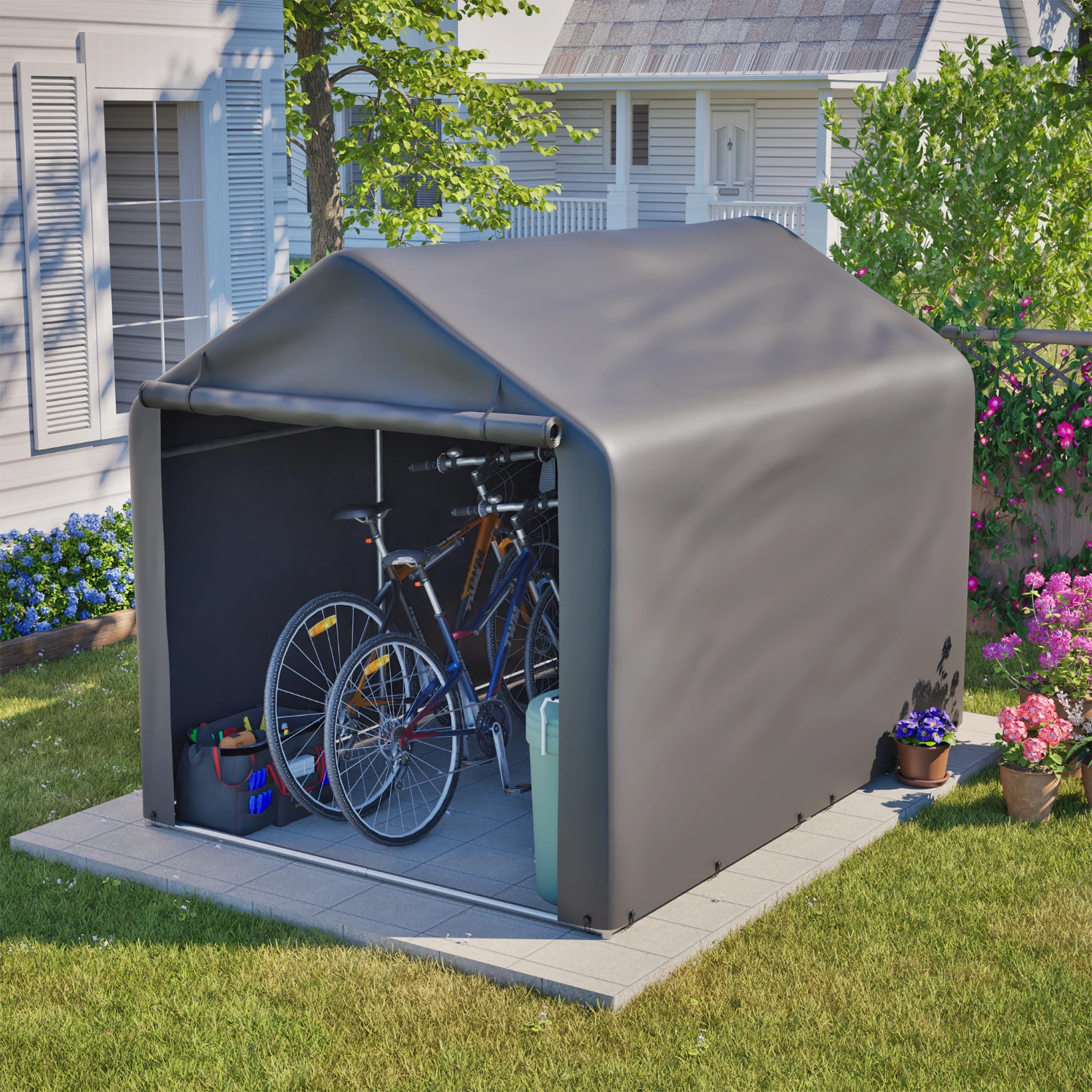 Garage pour vélos gris 160x220x165 cm avec porte à enroulement. Abri de jardin en polyéthylène imperméable et résistant aux intempéries pour vélos et outils de jardin - idéal pour le jardin, la