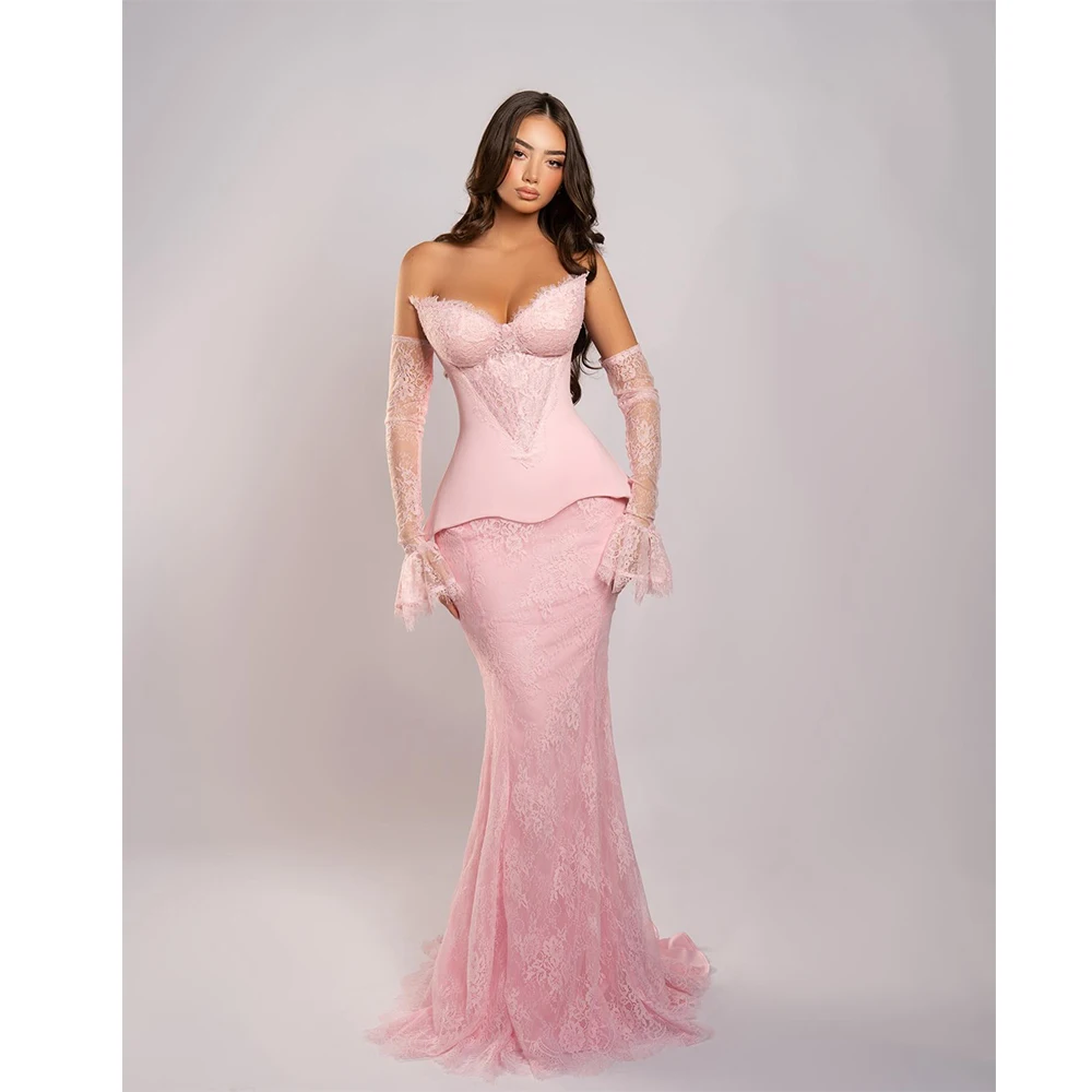MVOZEIN Pink Mermaid Evening Dress Lace Sweetheart Sleeveless Elegant Women's Party Dress for Cocktail Formal Gown
