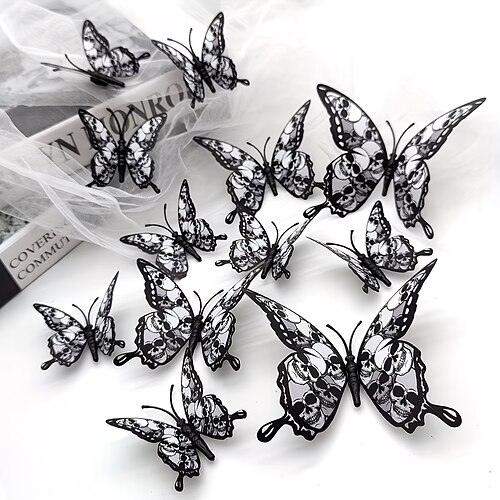 Adesivi murali 3D a forma di farfalla per Halloween, 24 adesivi murali neri a forma di teschio e farfalla, decorazioni gotiche per Halloween per casa, camera da letto, soggiorno, feste e case