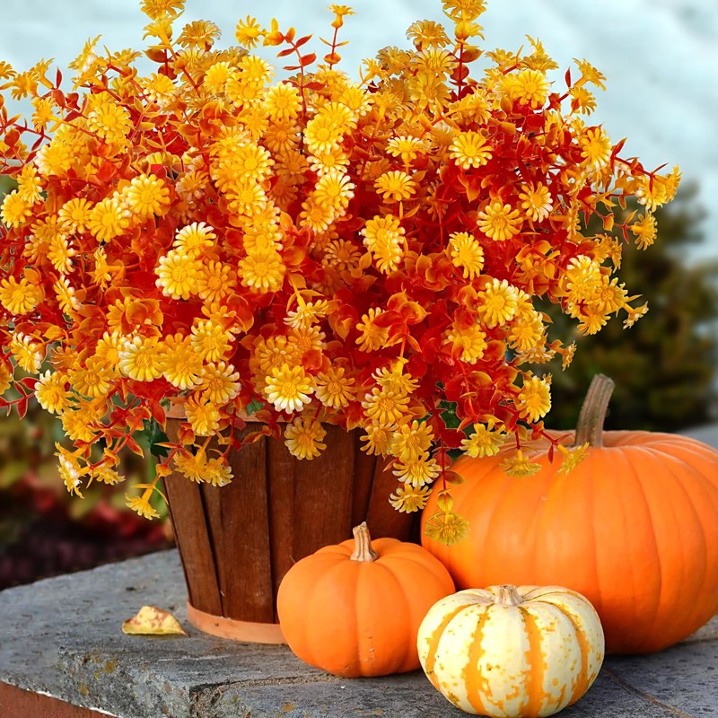 12 Bundles Artificial Fall Flowers for Outdoors Fake Mums Plants Faux Outside Greenery Boxwood No Fade Plastic Shrubs Decor Farmhouse Home Garden Thanksgiving
