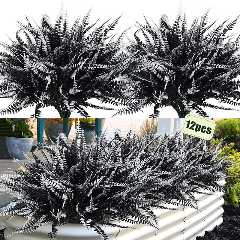 12PCS Artificial Boston Fern Plants, UV Resistant Faux Greenery Bushes, Realistic Plastic Fake Fern Leaves for Outdoor Planters, Porch, Patio, Garden, Farmhouse, Office, Indoor Home Halloween Decor