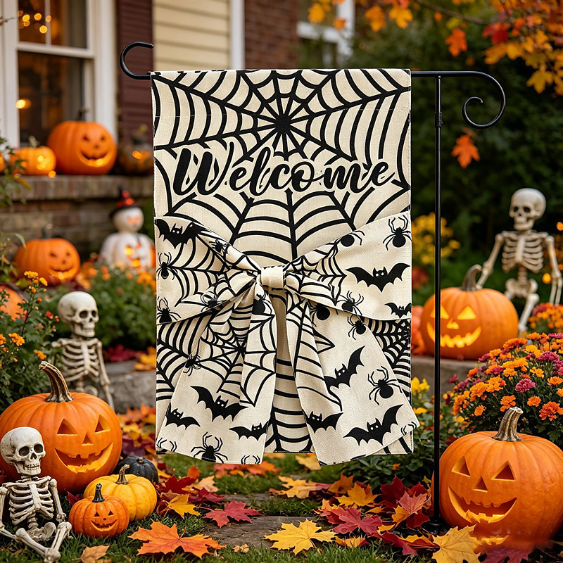 Halloween Garden Flag Bowknot Spider Web Pumpkin Skeleton Trick or Treat Outdoor Yard Flag Seasonal Porch Garden Decoration Fall Home Yard Banner Halloween Outdoor Decor