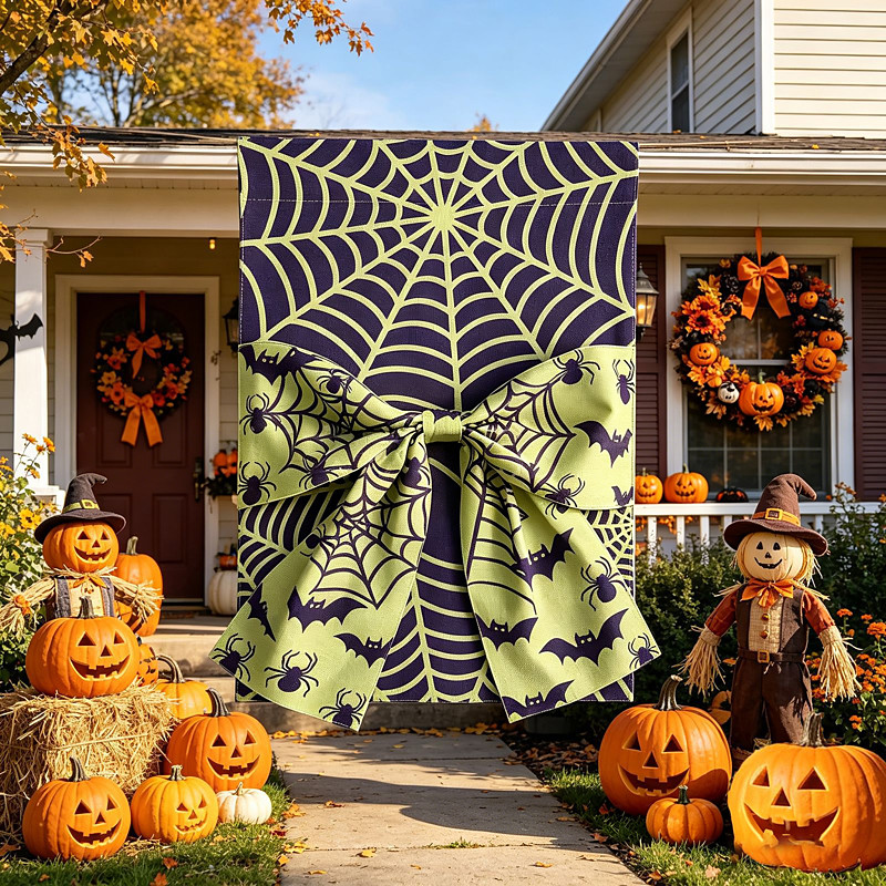 Halloween Garden Flag Bowknot Spider Web Pumpkin Skeleton Trick or Treat Outdoor Yard Flag Seasonal Porch Garden Decoration Fall Home Yard Banner Halloween Outdoor Decor