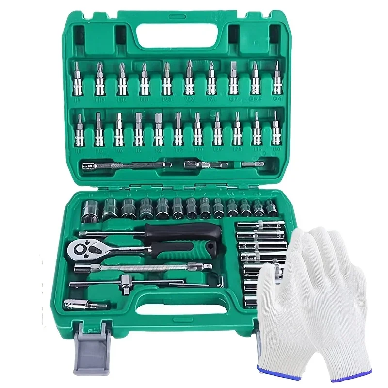 53-teiliger Fortgeschrittener 1/4-Zoll-Ratschen-Steckschlüsselsatz, Grüner Tragbarer Werkzeugkasten, Professionelles Auto-, Motorrad- und Haushaltsreparatur-Schraubendreher-Set, Essentielle