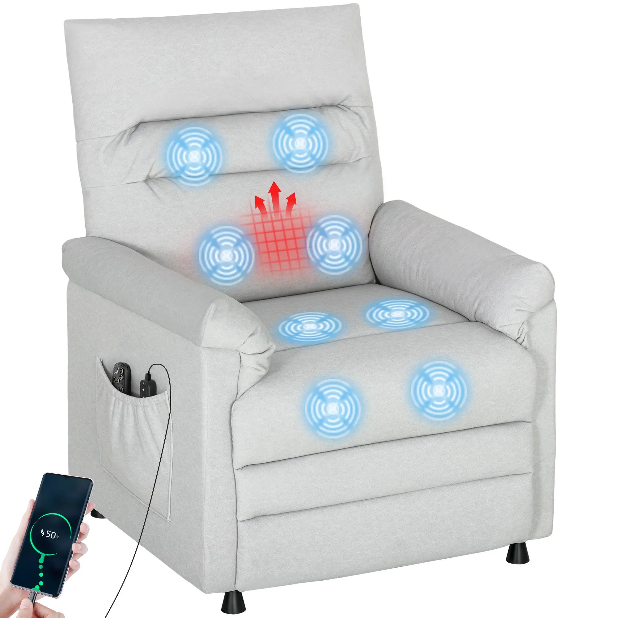 HOMCOM Elektrischer Relaxsessel mit 8-Punkt-Massage, Lendenwärme, 150° Neigung, Velours, Grau