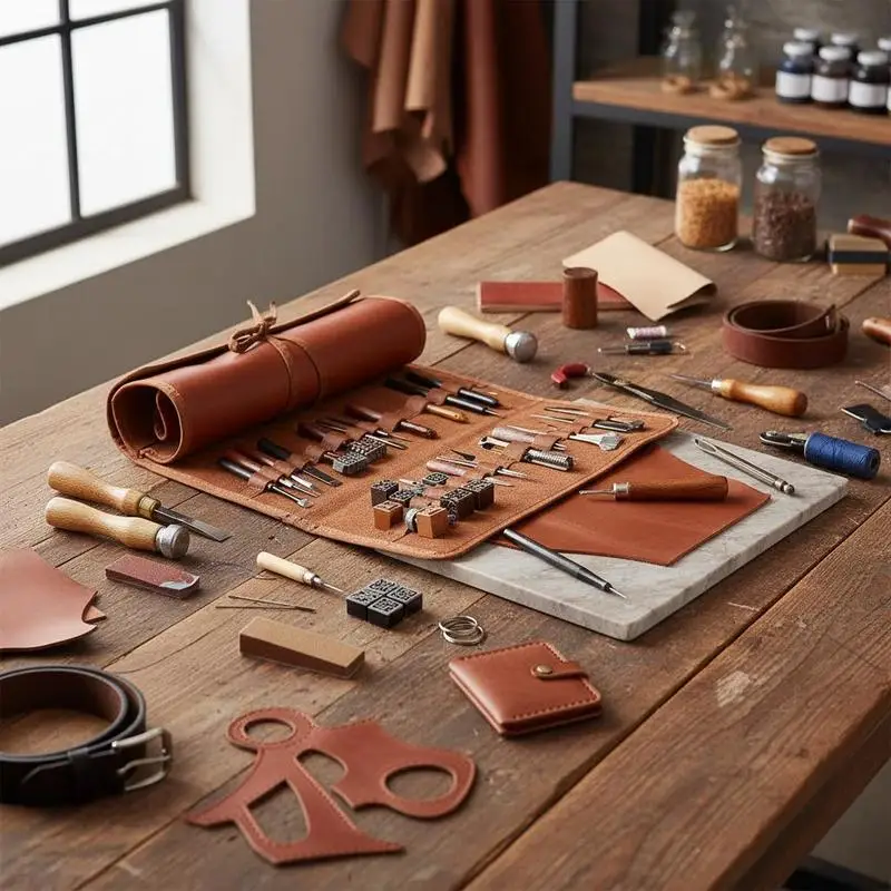 Ensemble d'outils pour le travail du cuir de 72 pièces avec sac de rangement en toile portable. Comprend des outils graphiques, des outils de poinçonnage, des outils de couture et des outils de