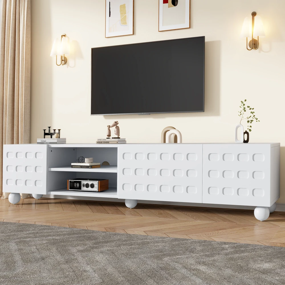 Meuble TV de salon Ye 200*40*44cm à 3 portes, portes de meuble avec motif imprimé, meuble TV de 200cm de long, meuble TV avec 5 pieds, meuble bas, adapté aux téléviseurs jusqu'à 80 pouces, blanc