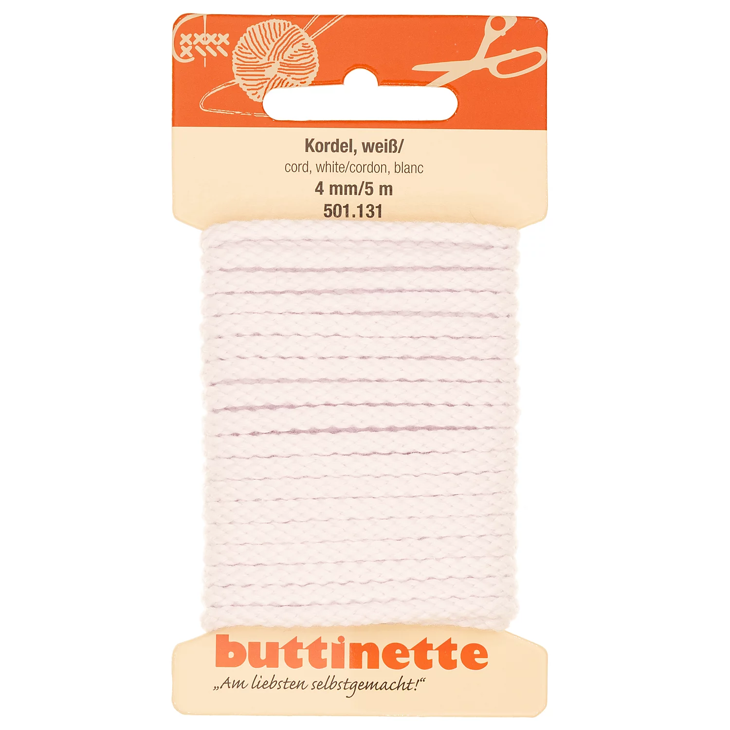 buttinette Baumwoll-Kordel für Bekleidung, weiß, 4 mm Ø, Länge: 5 m