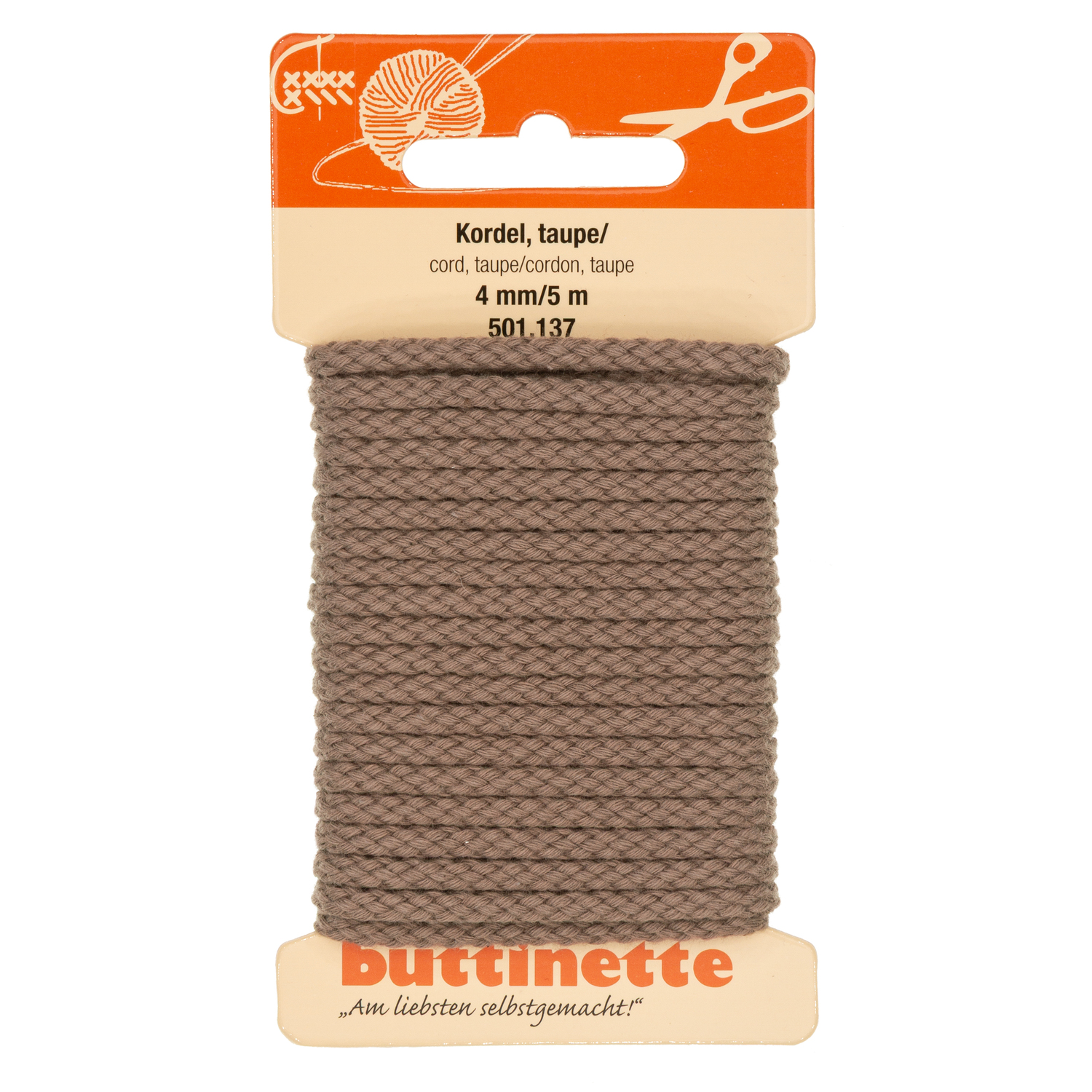 buttinette Baumwoll-Kordel für Bekleidung, taupe, 4 mm Ø, Länge: 5 m