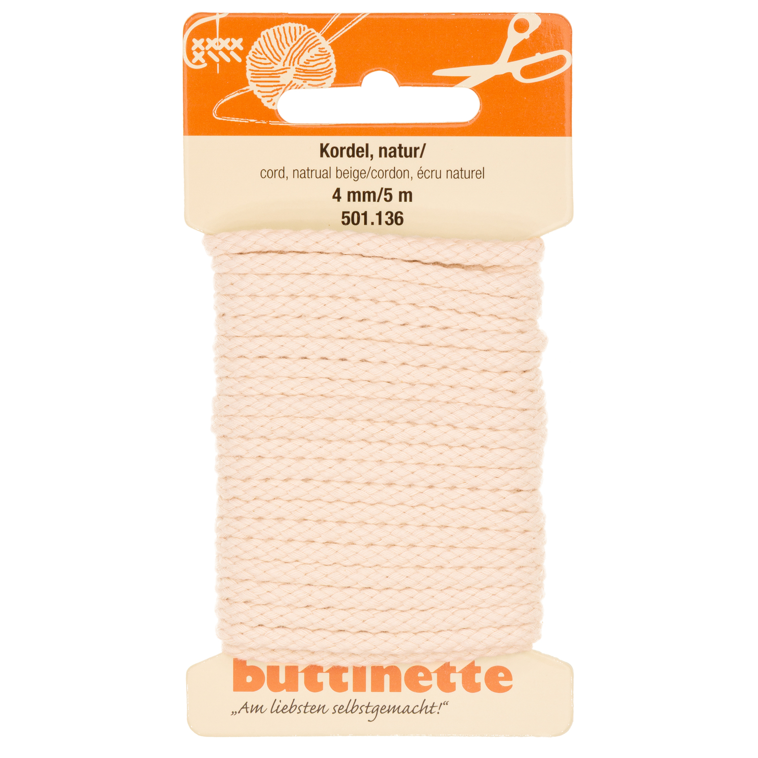 buttinette Baumwoll-Kordel für Bekleidung, natur, 4 mm Ø, Länge: 5 m