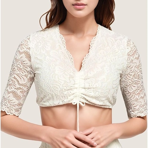 Oktoberfest Blouse Dirndl Dentelle Floral Pantacourt Col en V Manches mi-longues Femme de ménage Bavarois Alpin Patrimoine Prairies Femmes Carnaval Fête de la Bière Tissu de style traditionnel