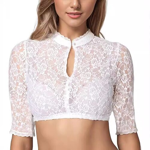 Oktoberfest Blouse Dirndl Dentelle Floral Pur Col montant Col mandarin Manches mi-longues Bavarois Alpin Patrimoine Prairies Femmes Carnaval Fête de la Bière Tissu de style traditionnel