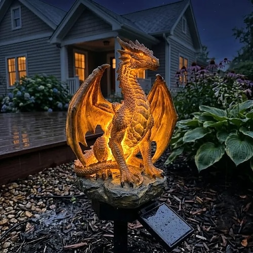 Gotische Garten-Drachenstatue aus Kunstharz mit Erdspieß, Solar-Gartenfigur, Außenfiguren mit Beleuchtung, mittelalterliche Wasserspeier-Gartenbeleuchtung, Halloween-Drachen-Dekoration