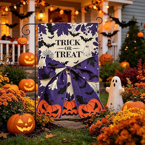 Halloween-Gartenflagge mit Schleife, Spinnennetz, Kürbis und Skelett – Süßes oder Saures! – Gartenflagge für draußen, saisonale Dekoration für Veranda und Garten, Herbstbanner für Haus und Garten,